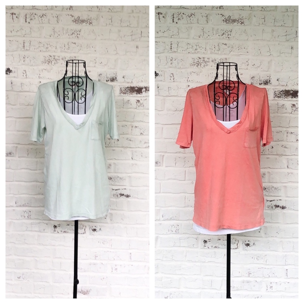 **TWO** GAP Vintage Style V-Neck Tees- size small, one- mint; one- coral/peach